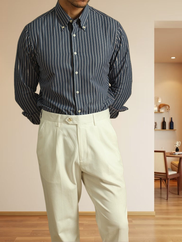 男士經典藍色條紋扣領商務通勤休閒長袖義式高級感襯衫