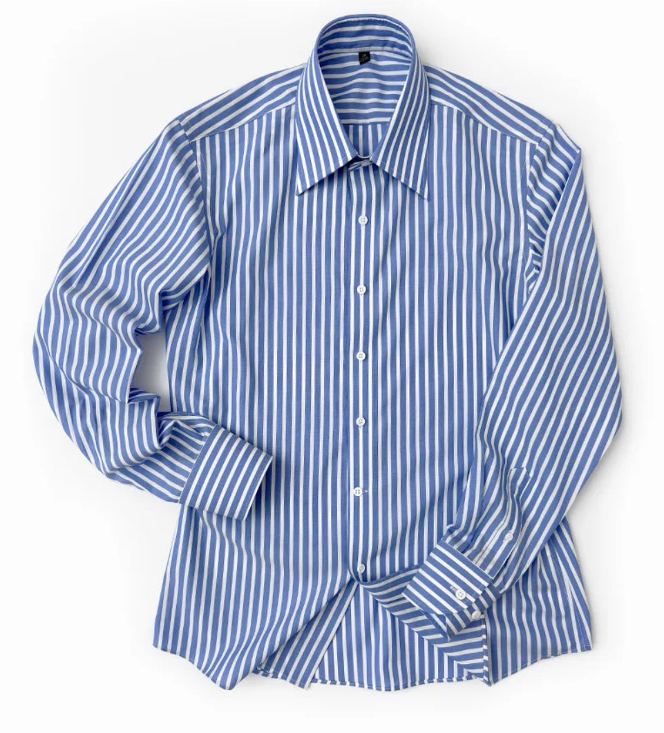 定制級意式藍白條大尖領襯衫