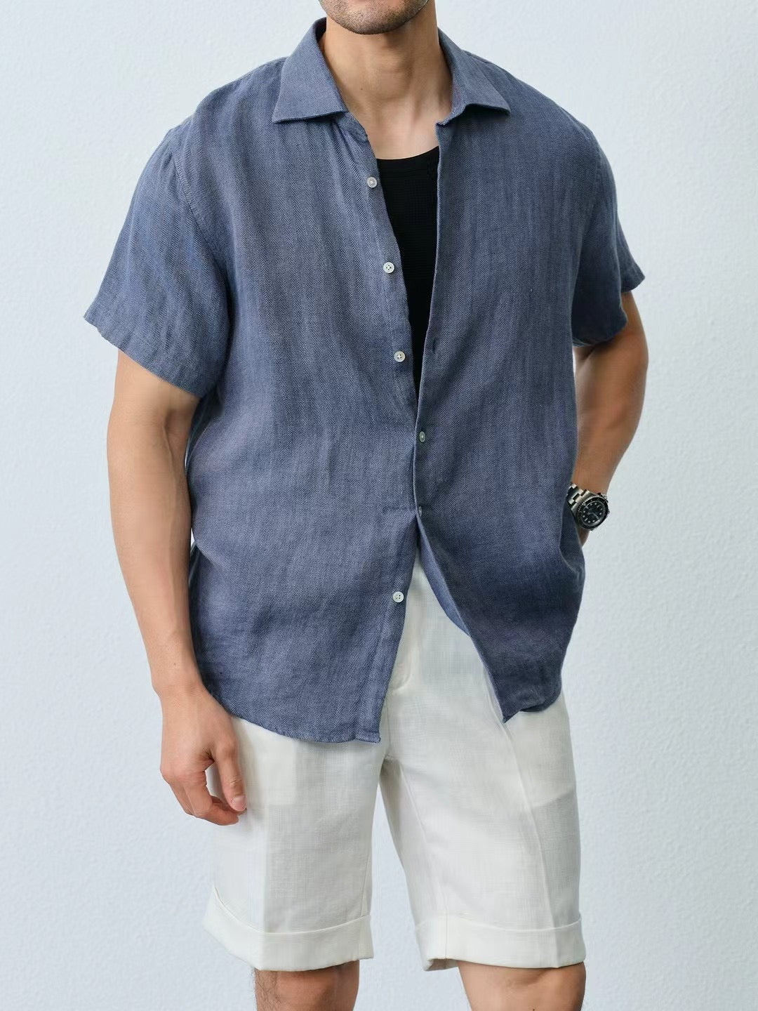 亞麻短袖男士休閒風襯衫