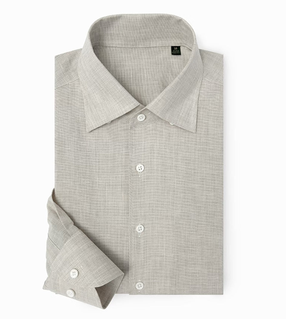 輕奢意式一片領亞麻襯衣淺杏棉麻休閒男襯衫老錢男士長袖亞麻襯衫