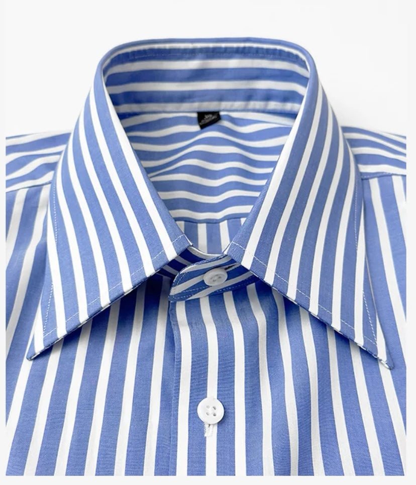 定制級意式藍白條大尖領襯衫