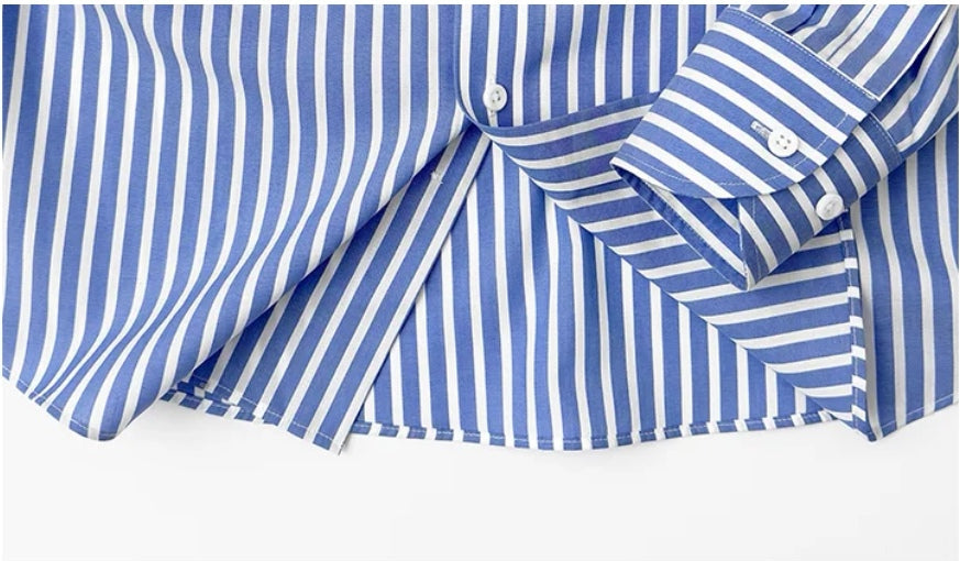 定制級意式藍白條大尖領襯衫