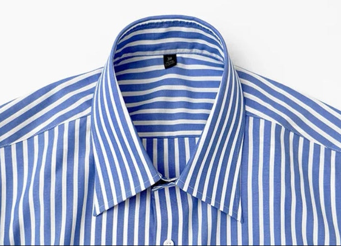 定制級意式藍白條大尖領襯衫