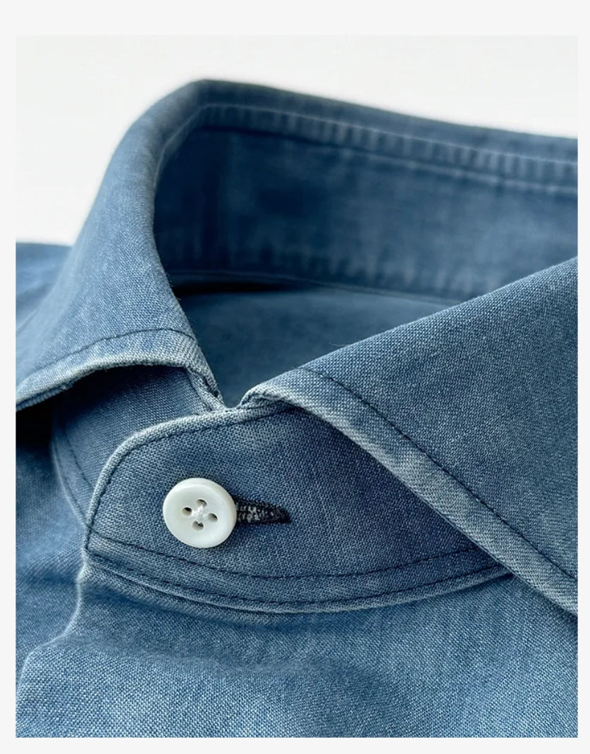 百搭復古淺藍水洗牛仔溫莎領襯衫