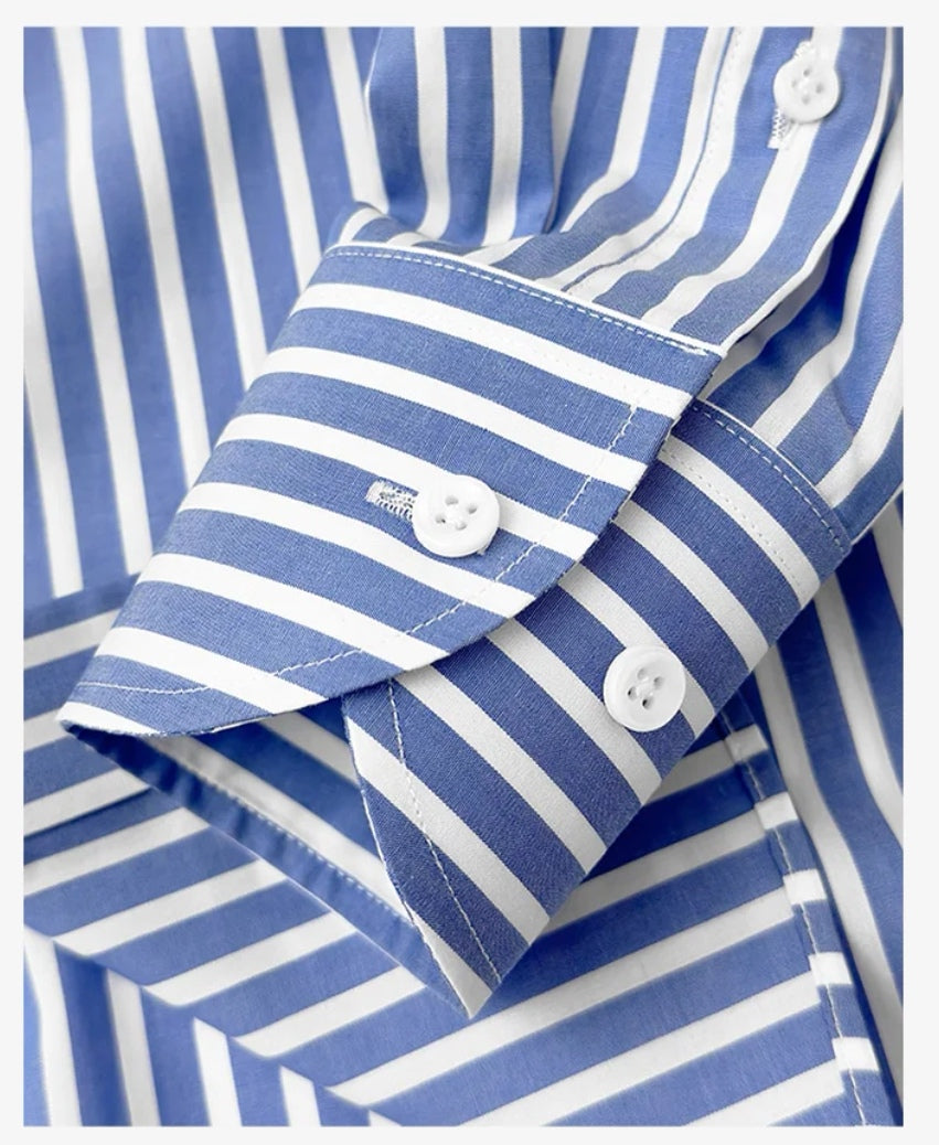 定制級意式藍白條大尖領襯衫