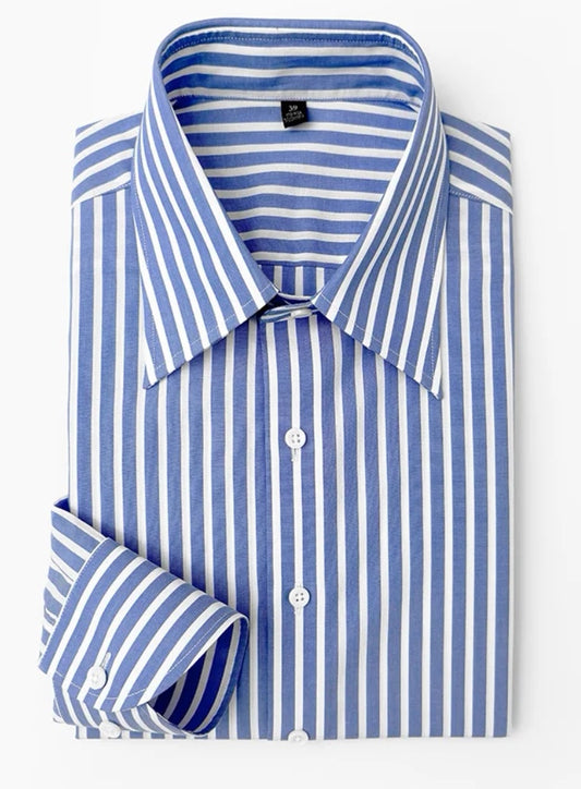 定制級意式藍白條大尖領襯衫
