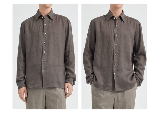 亞麻老錢風襯衫男長袖25秋季新款通勤休閒深灰色襯衣