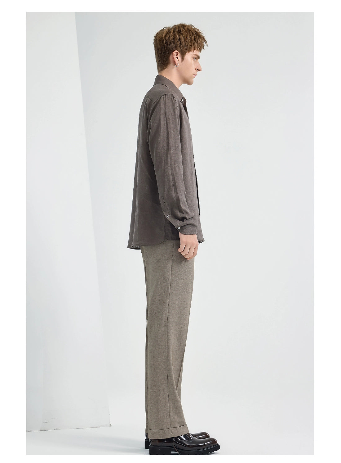 亞麻老錢風襯衫男長袖25秋季新款通勤休閒深灰色襯衣