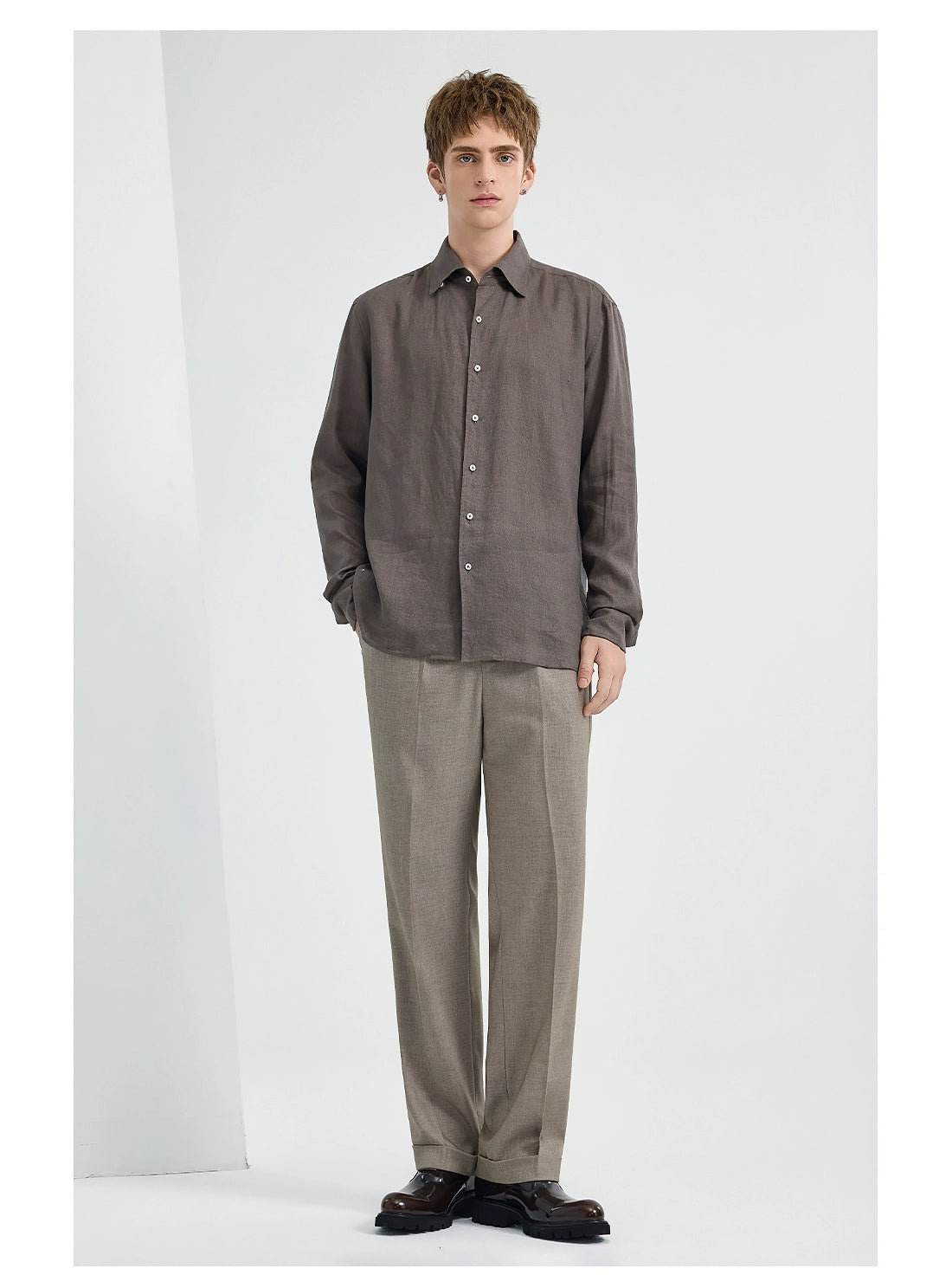 亞麻老錢風襯衫男長袖25秋季新款通勤休閒深灰色襯衣