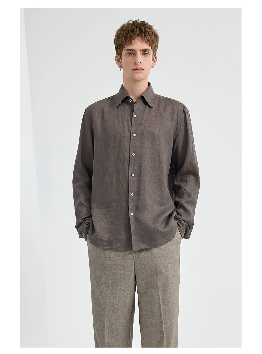 亞麻老錢風襯衫男長袖25秋季新款通勤休閒深灰色襯衣
