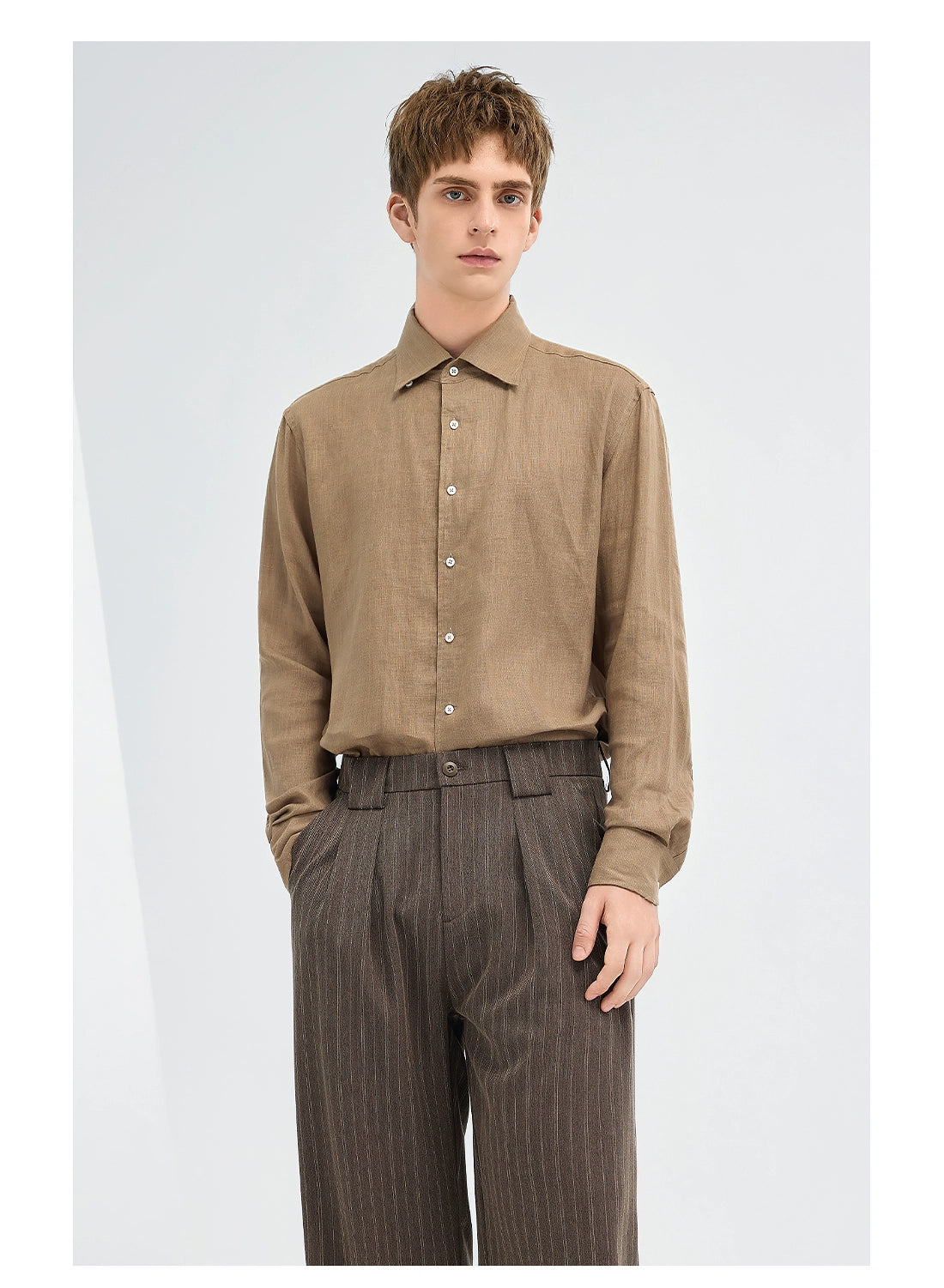 亞麻老錢風襯衫男長袖25秋季新款通勤休閒深灰色襯衣