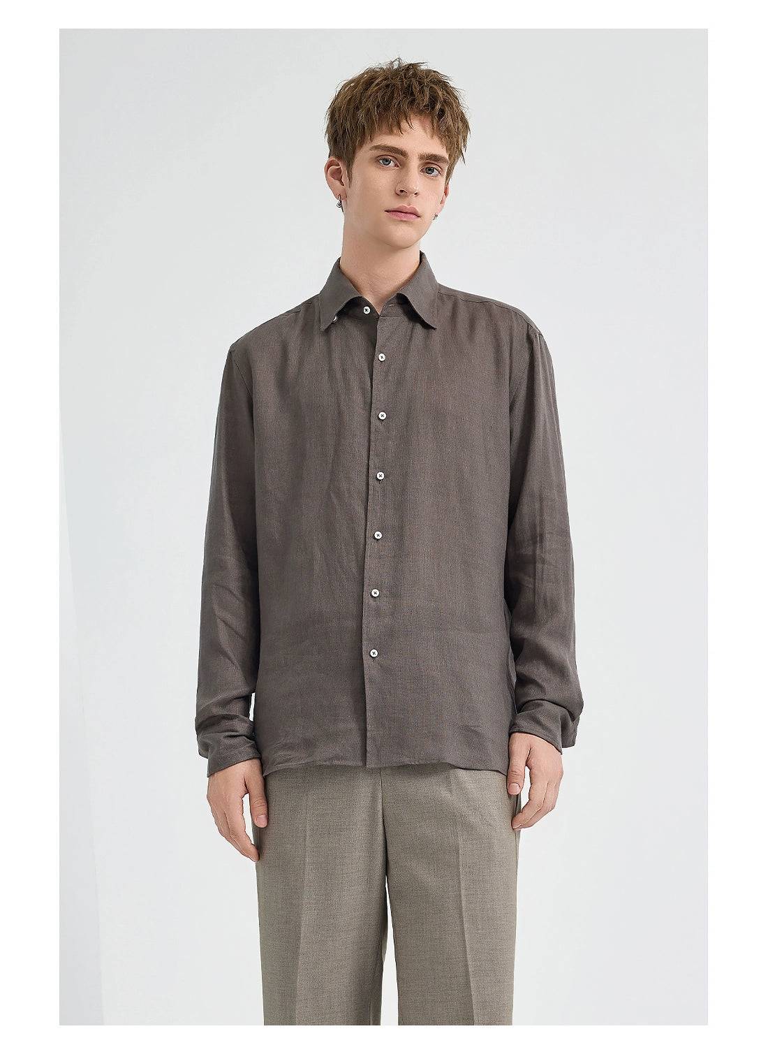 亞麻老錢風襯衫男長袖25秋季新款通勤休閒深灰色襯衣