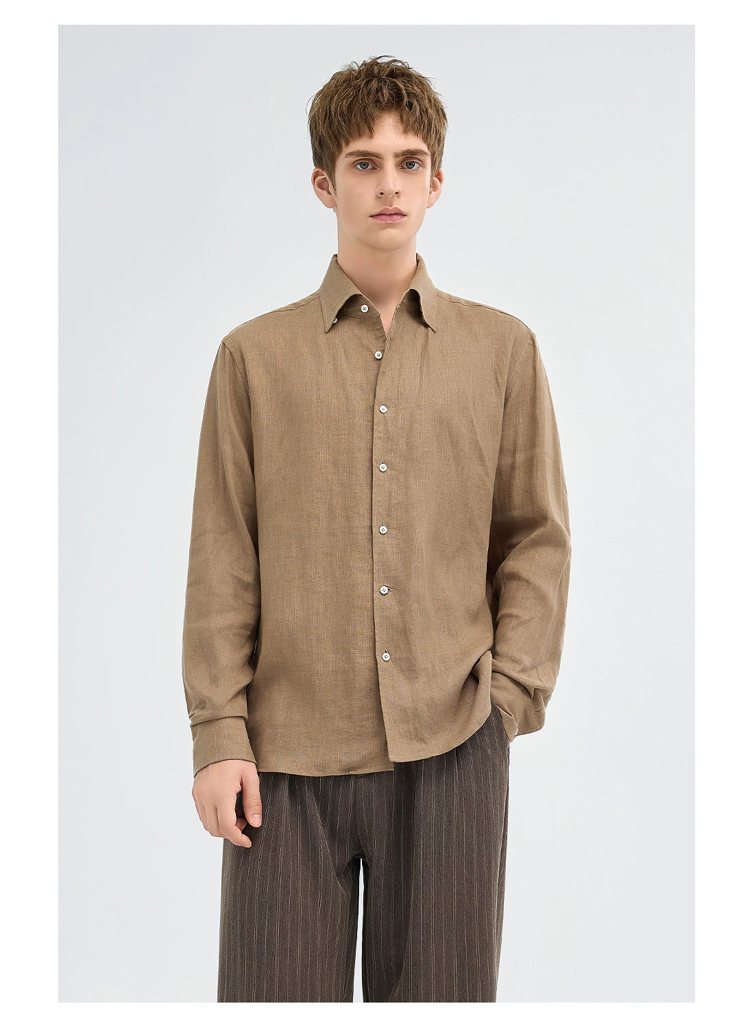 亞麻老錢風襯衫男長袖25秋季新款通勤休閒深灰色襯衣