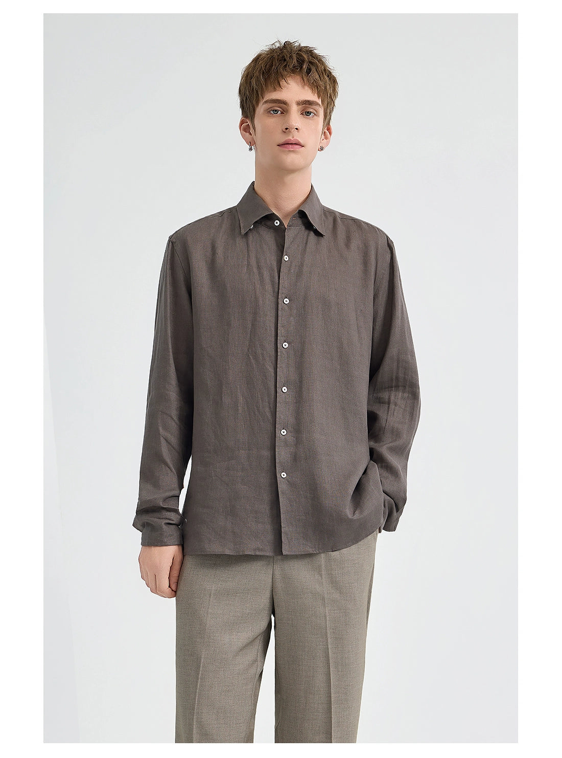 亞麻老錢風襯衫男長袖25秋季新款通勤休閒深灰色襯衣