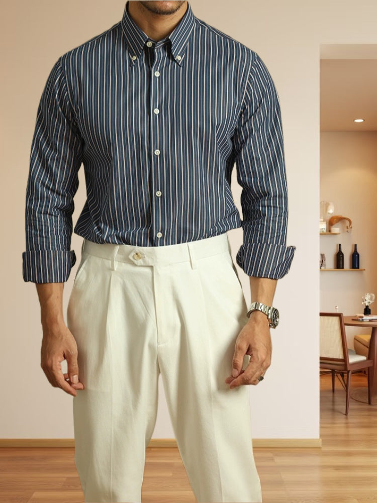 男士經典藍色條紋扣領商務通勤休閒長袖義式高級感襯衫