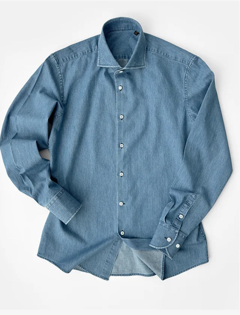 百搭復古淺藍水洗牛仔溫莎領襯衫